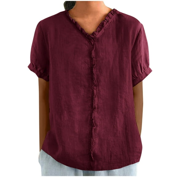 Fmbrln Womens Summer Linen Short Sleeve Tops Fashion V Neck Solid Color Shirts with Frill Casual Loose Comfy Tees Blouse