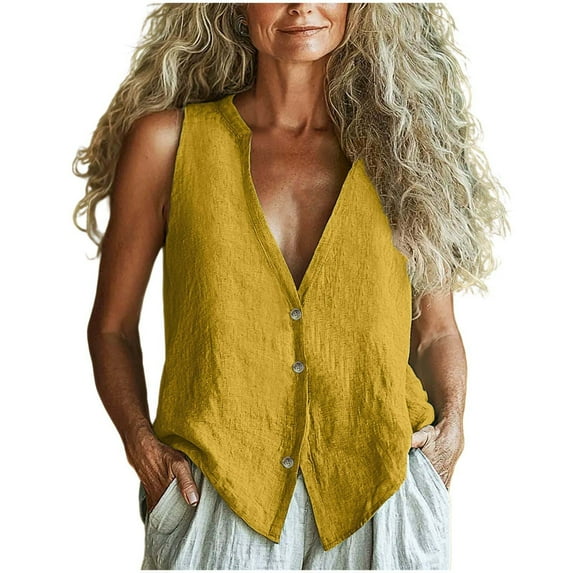 Fmbrln Womens Summer Linen Tank Tops Casual Sleeveless V Neck Button Solid Color Shirts Comfy Lightweight Vacation Beach Blouse Yellow XL