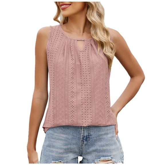 Fmbrln Womens Summer Loose Tank Tops Round Neck Ruched Sleeveless Tops Casual Solid Basic Shirts Hot Pink L