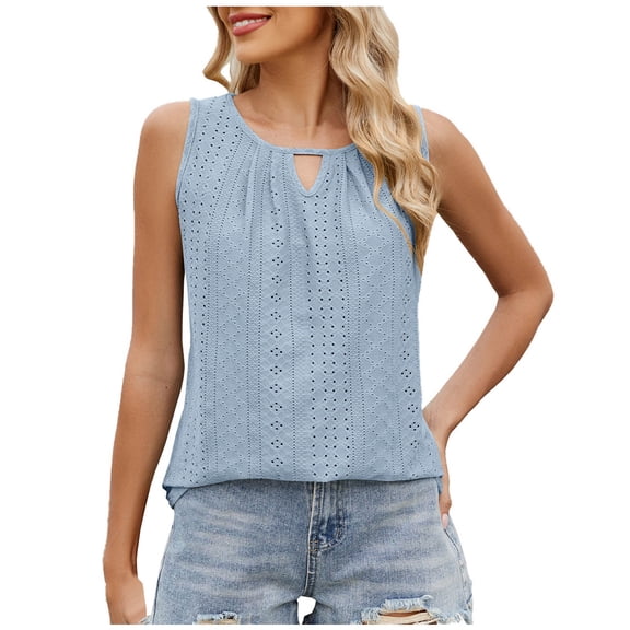 Fmbrln Womens Summer Loose Tank Tops Round Neck Ruched Sleeveless Tops Casual Solid Basic Shirts Light Blue M