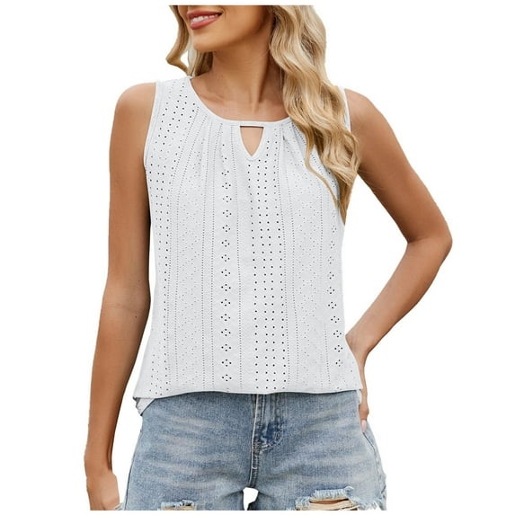 Fmbrln Womens Summer Loose Tank Tops Round Neck Ruched Sleeveless Tops Casual Solid Basic Shirts White S