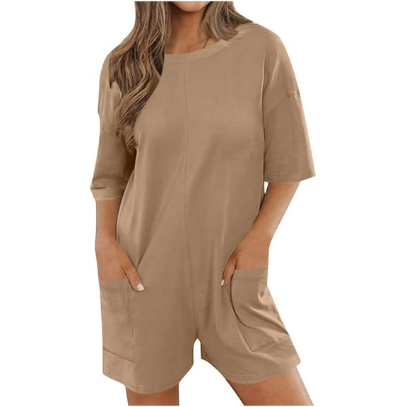 Fmbrln Womens Summer Oversized Rompers Casual Loose Short Sleeve Crew Neck Backless Workout Athletic Short Jumpsuits with Pockets Khaki XL