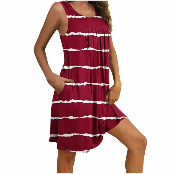 Fmbrln Womens Summer Pleated Dress with Pockets Casual Sleeveless Striped Print Sundress Holiday Beach Midi Dress