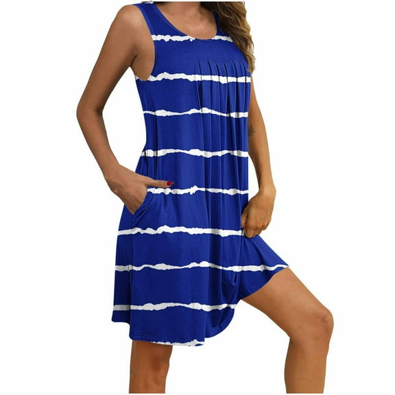 Fmbrln Womens Summer Pleated Dress with Pockets Casual Sleeveless Striped Print Sundress Holiday Beach Midi Dress