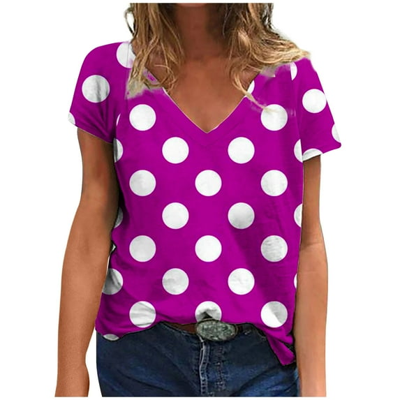 Fmbrln Womens Summer Polka Print Short Sleeve Tops Fashion V Neck Boho T-Shirts Casual Loose Vacation Beach Tees Blouse