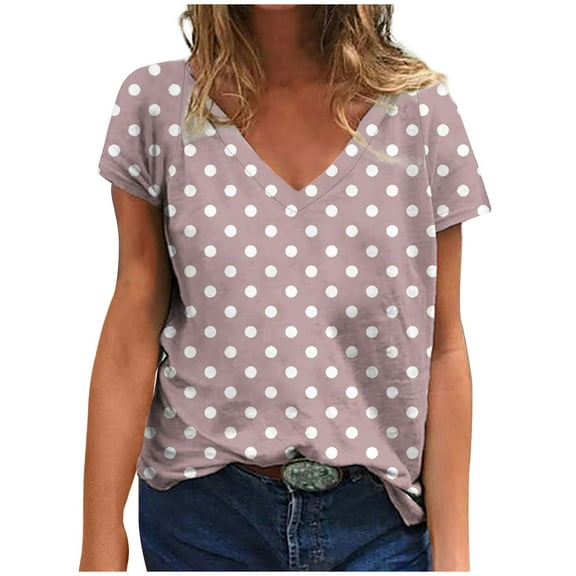 Fmbrln Womens Summer Polka Print Short Sleeve Tops Fashion V Neck Boho T-Shirts Casual Loose Vacation Beach Tees Blouse