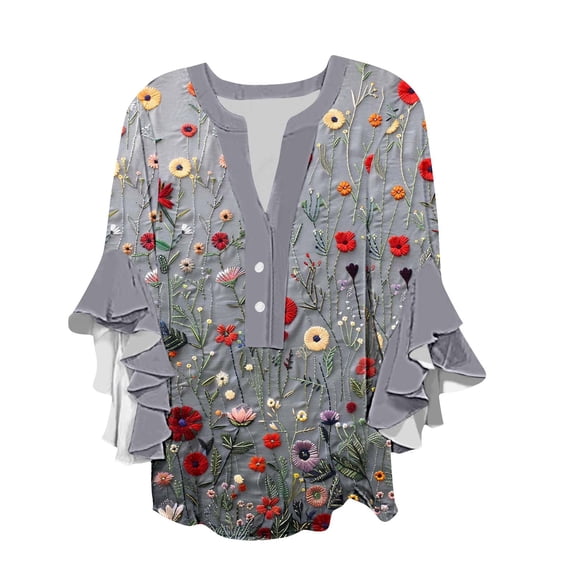 Fmbrln Womens Summer Ruffle 3/4 Sleeve Shirts Fashion V Neck Button Floral Print Tops Casual Comfy Loose Blouse Gray S