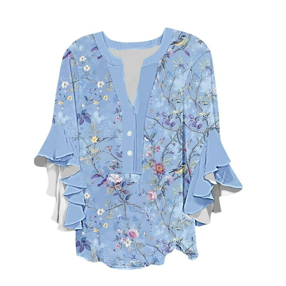 Fmbrln Womens Summer Ruffle 3/4 Sleeve Shirts Fashion V Neck Button Floral Print Tops Casual Comfy Loose Blouse Light Blue XL