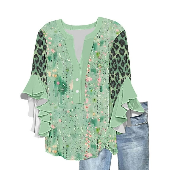 Fmbrln Womens Summer Ruffle 3/4 Sleeve Shirts Fashion V Neck Button Floral Print Tops Casual Comfy Loose Blouse Mint Green M