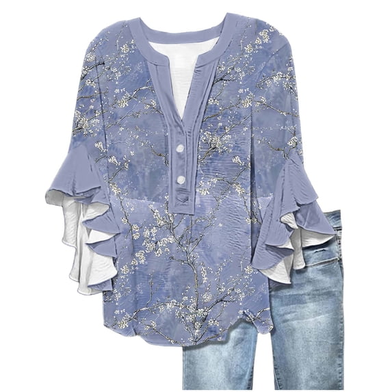 Fmbrln Womens Summer Ruffle 3/4 Sleeve Shirts Fashion V Neck Button Floral Print Tops Casual Comfy Loose Blouse Purple M