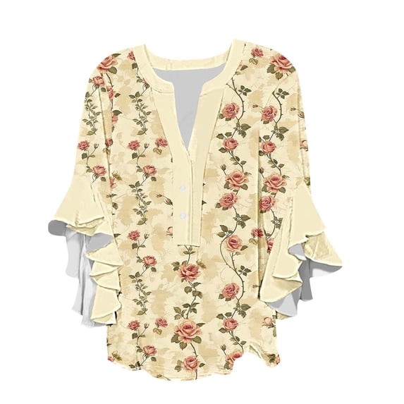 Fmbrln Womens Summer Ruffle 3/4 Sleeve Shirts Fashion V Neck Button Floral Print Tops Casual Comfy Loose Blouse Yellow L