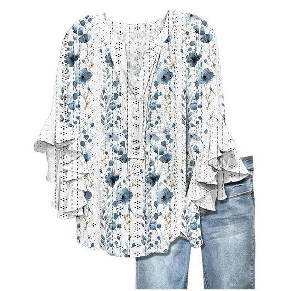 Fmbrln Womens Summer Ruffle 3/4 Sleeve Tops Fashion V Neck Button Hollow Out Floral Print Shirts Casual Vacation Beach Blouse Multicolor 2XL