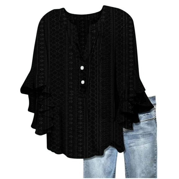 Fmbrln Womens Summer Ruffle 3/4 Sleeve Tops Fashion V Neck Button Hollow Out Solid Color Shirts Casual Vacation Beach Blouse Black M