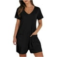 thumbnail image 1 of Fmbrln Womens Summer Short Sleeve Rompers Casual Loose Fit V Neck Short Jumpsuits One Piece Outfits with Pockets Black L, 1 of 5