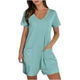 thumbnail image 1 of Fmbrln Womens Summer Short Sleeve Rompers Casual Loose Fit V Neck Short Jumpsuits One Piece Outfits with Pockets Light Blue XL, 1 of 5