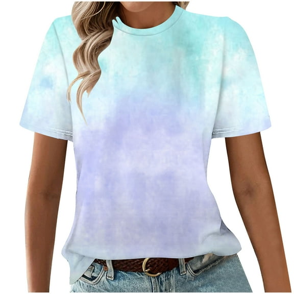 Fmbrln Womens Summer Short Sleeve T-Shirts Fashion Crew Neck Gradient Print Tops Casual Loose Vacation Beach Tees