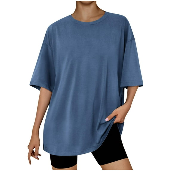 Fmbrln Womens Summer Short Sleeve T-Shirts Fashion Crew Neck Solid Color Tops Casual Loose Vacation Beach Comfy Tees