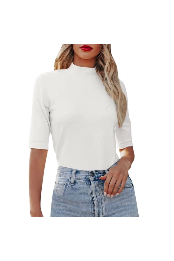 Womens Summer Short Sleeve T-Shirts Fashion High Neck Solid Color Tops Casual Slim Fit Tees Blouse