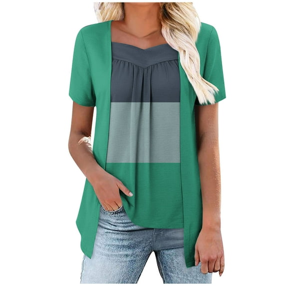Fmbrln Womens Summer Short Sleeve T-Shirts Fashion V Neck Color Block Tops Casual Loose Long Hem False Two Piece Tees