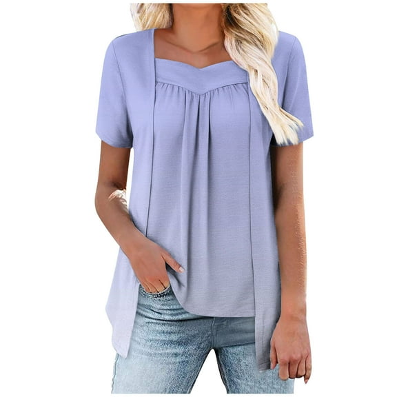 Fmbrln Womens Summer Short Sleeve T-Shirts Fashion V Neck Gradient Color Tops Casual Loose Long Hem False Two Piece Tees
