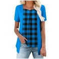 thumbnail image 1 of Fmbrln Womens Summer Short Sleeve T-Shirts Fashion V Neck Plaid Print Tops Casual Loose Long Hem False Two Piece Tees, 1 of 5