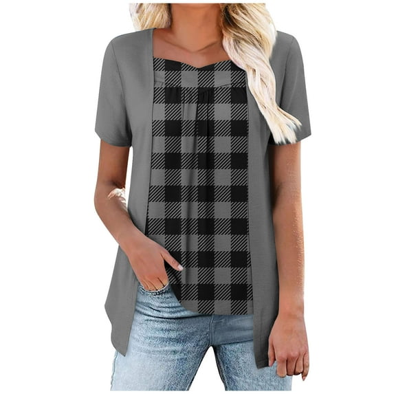 Fmbrln Womens Summer Short Sleeve T-Shirts Fashion V Neck Plaid Print Tops Casual Loose Long Hem False Two Piece Tees