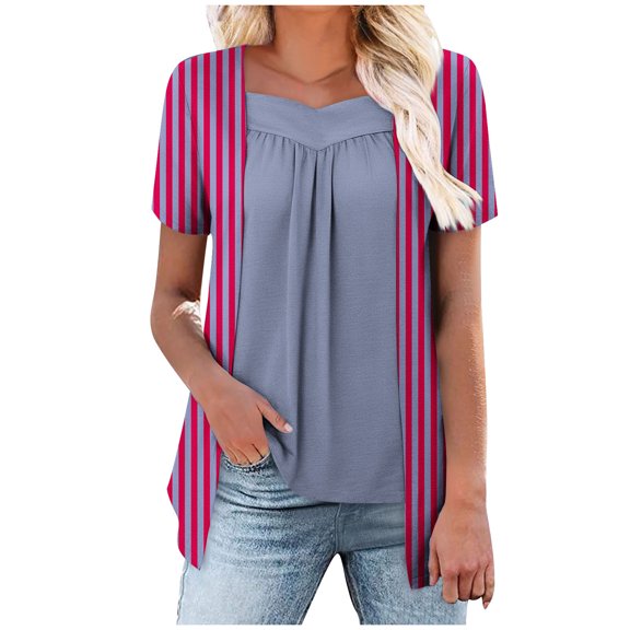 Fmbrln Womens Summer Short Sleeve T-Shirts Fashion V Neck Stripe Print Tops Casual Loose Long Hem False Two Piece Tees