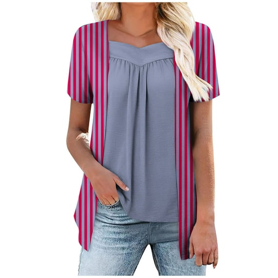 Fmbrln Womens Summer Short Sleeve T-Shirts Fashion V Neck Stripe Print Tops Casual Loose Long Hem False Two Piece Tees