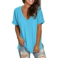 thumbnail image 1 of Fmbrln Womens Summer Short Sleeve V Neck Tops Casual Loose Side Slit Solid Color T-shirts Comfy Tees Blouse Blue M, 1 of 5