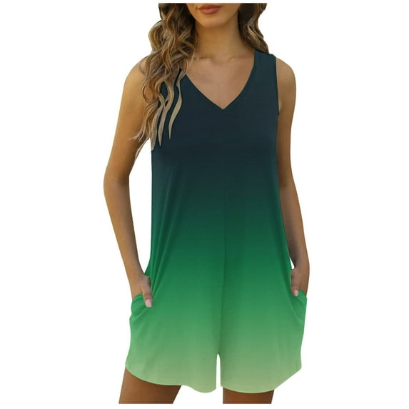 Fmbrln Womens Summer Tank Top Rompers Casual Loose Sleeveless V Neck Gradient Color Short Jumpsuits with Pockets Green#a M