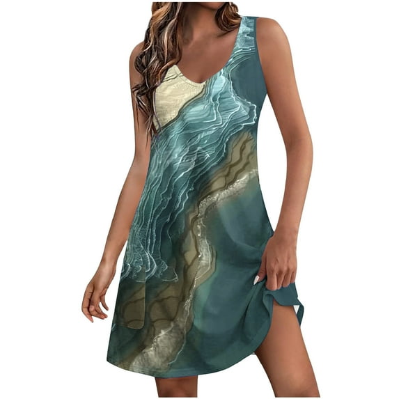 Fmbrln Womens Summer V Neck Sleeveless Tank Dress Fashion Casual Vintage Print Mini Dress Hawaiian Beach Sundress with Pockets