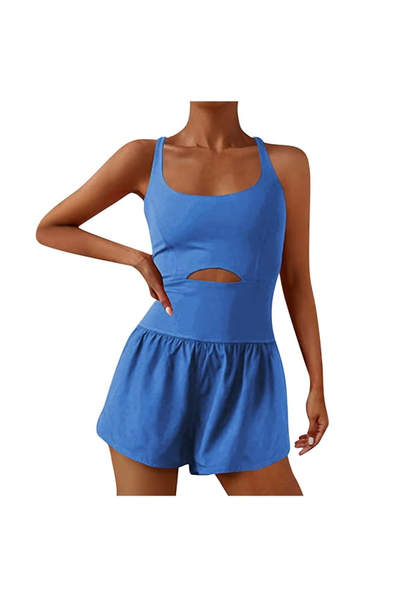 Womens Summer Workout Rompers Casual Sleeveless Comfy Breathable Running Athletic Short Jumpsuits Yoga Gym Outfits Blue XL