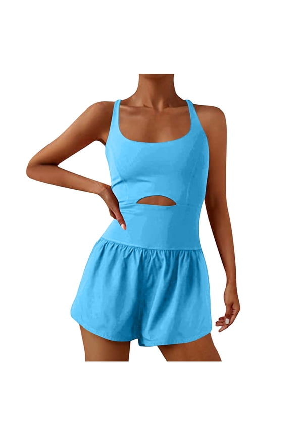 Womens Summer Workout Rompers Casual Sleeveless Comfy Breathable Running Athletic Short Jumpsuits Yoga Gym Outfits Sky Blue M
