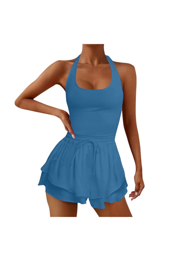 Womens Tennis Athletic Short Jumpsuits Summer Casual Sleeveless Waist Drawstring Comfy Breathable Yoga Workout Rompers Blue M