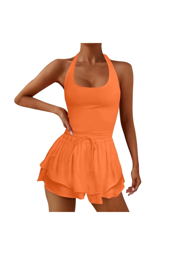 Womens Tennis Athletic Short Jumpsuits Summer Casual Sleeveless Waist Drawstring Comfy Breathable Yoga Workout Rompers Orange 2XL
