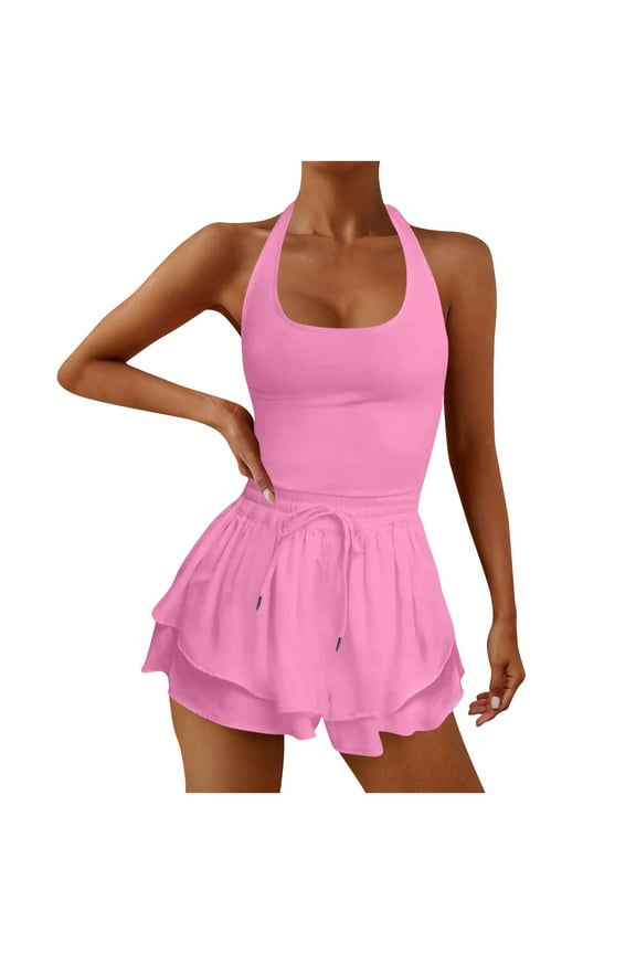 Womens Tennis Athletic Short Jumpsuits Summer Casual Sleeveless Waist Drawstring Comfy Breathable Yoga Workout Rompers Pink S