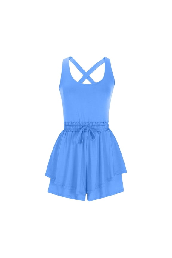 Womens Tennis Athletic Short Jumpsuits Summer Casual Sleeveless Waist Drawstring Comfy Breathable Yoga Workout Rompers Sky Blue S