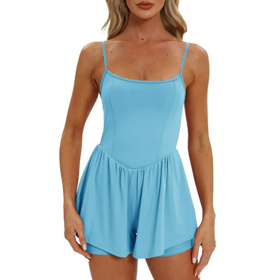 Fmbrln Womens Tennis Workout Athletic Rompers Summer Casual Loose Adjustable Spaghetti Strap Sleeveless Square Neck Yoga Gym Short Jumpsuits Blue XL