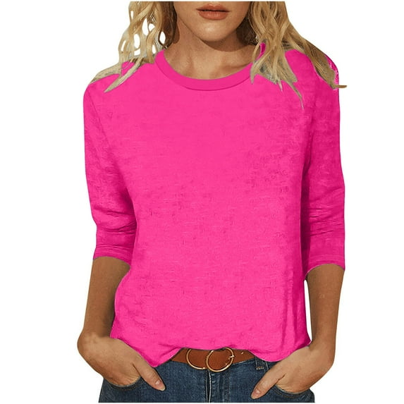 Fmbrln Womens Tops Casual 3/4 Sleeve Crew Neck Solid T-Shirts Loose Fit Comfy Tunic Tops Summer Tees Blouses Hot Pink S