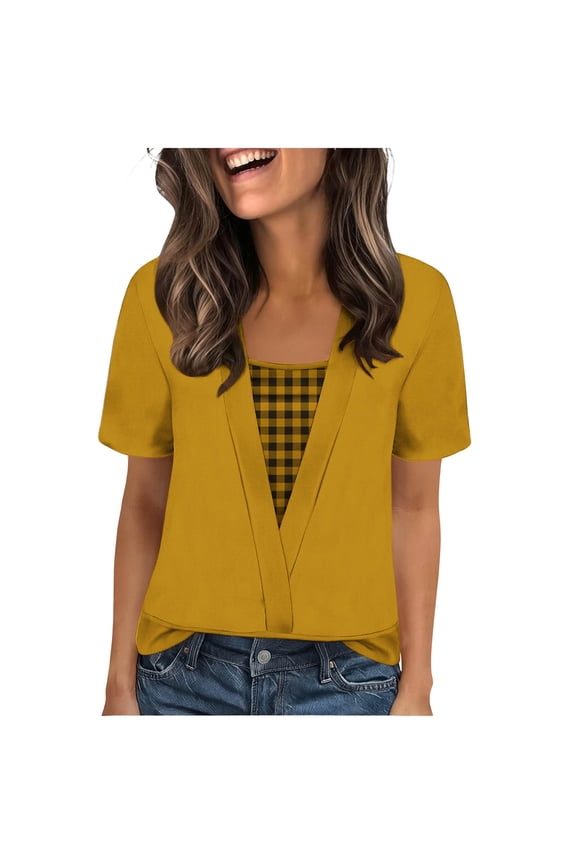 Womens Tops Fashion Mock Two Piece T-Shirts Summer Casual Short Sleeve Crewneck Plaid Print Blouses