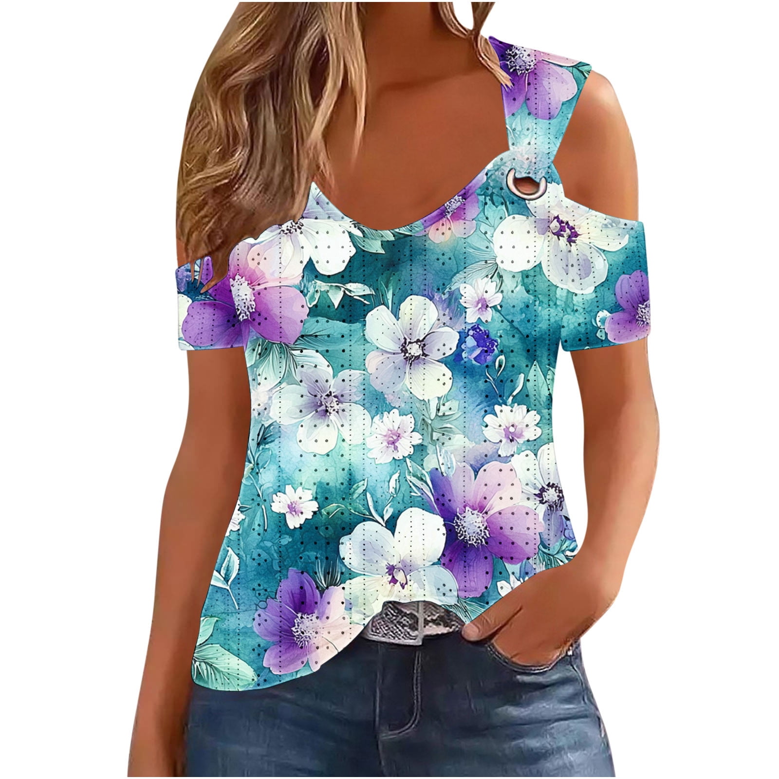 Fmbrln Womens Tops Summer Off- Shoulder Short Sleeve V Neck Shirts ...