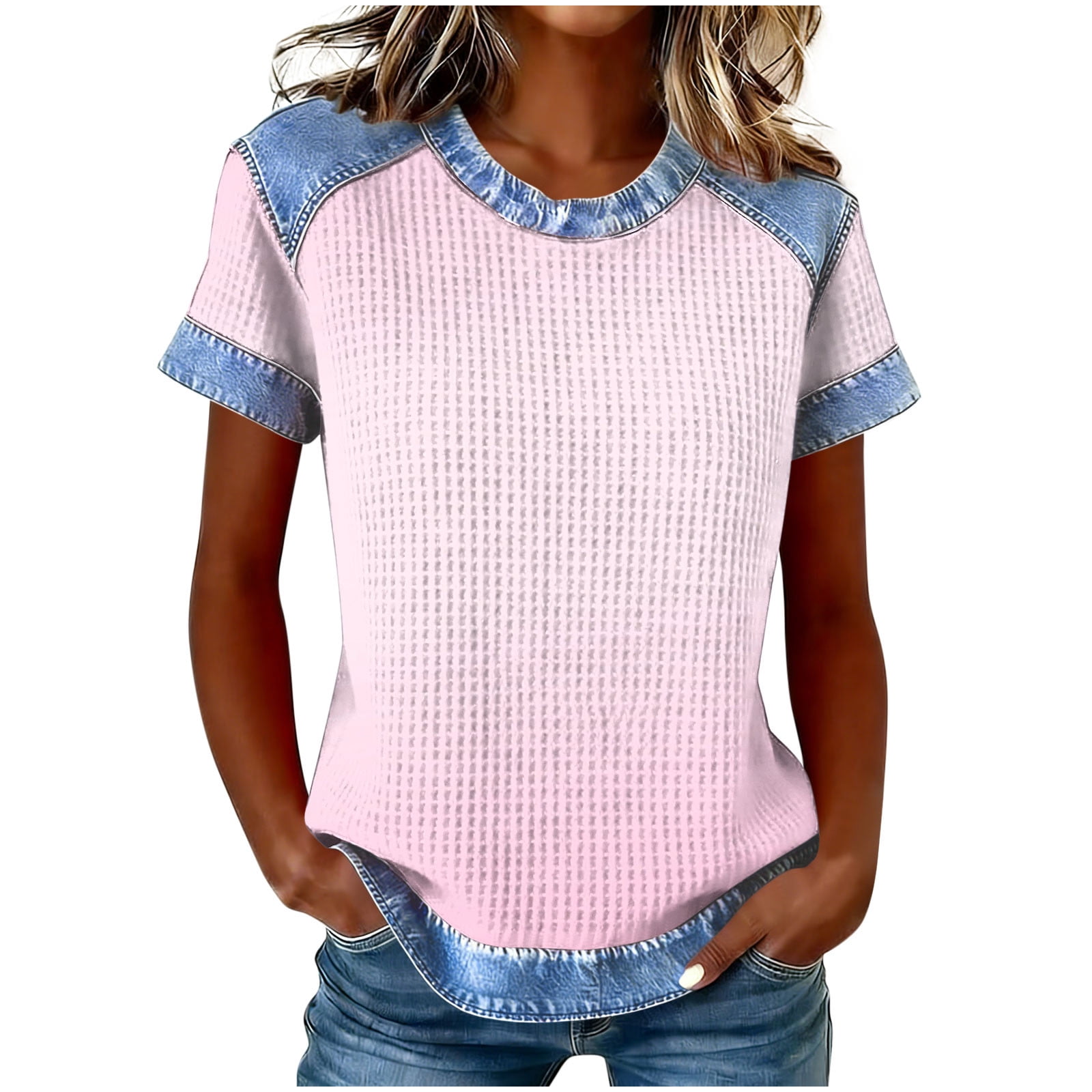Fmbrln Womens Tops Summer Short Sleeve Crew Neck Patchwork Denim Shirts ...
