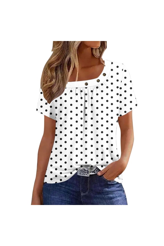 Womens Tops Summer Short Sleeve Square Neck T-Shirts Fashion Casual Loose Polka Print Tees Blouses