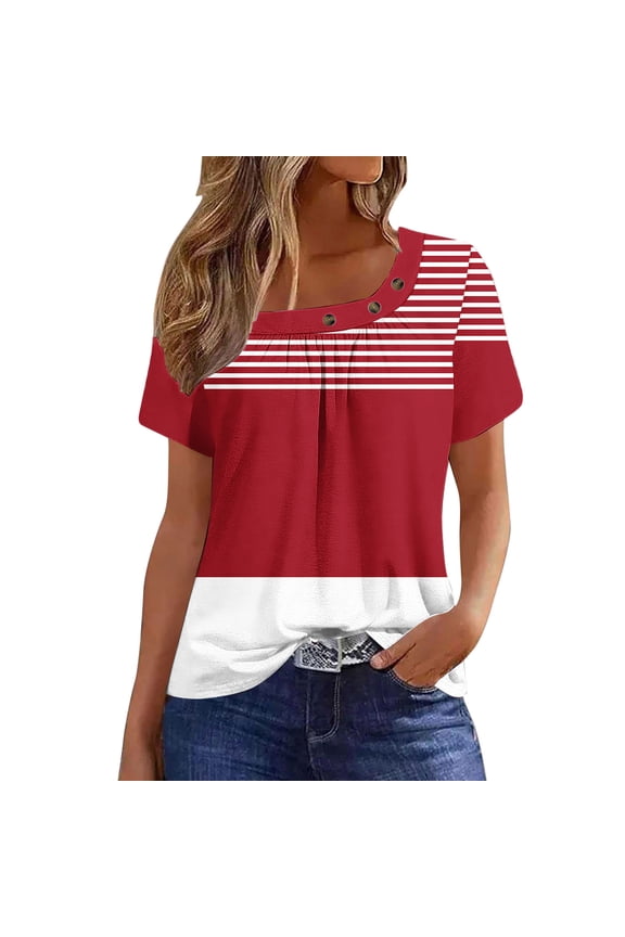 Womens Tops Summer Short Sleeve Square Neck T-Shirts Fashion Casual Loose Stripe Print Tees Blouses
