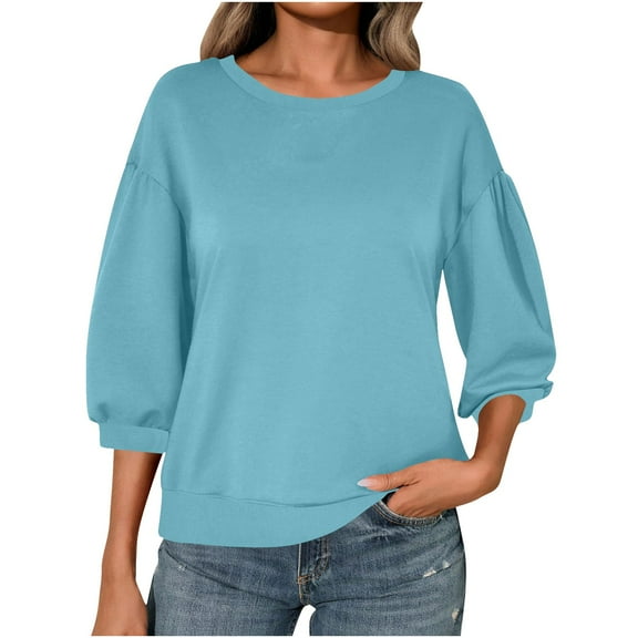 Fmbrln Womens Trendy 3/4 Sleeve Hoodless Sweatshirts Casual Crew Neck Cropped Sweatshirts Loose Comfy Pullover Tops Blue M