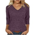 thumbnail image 1 of Fmbrln Womens Trendy 3/4 Sleeve Knitted Sweaters Fall Fashion V Neck Sweaters Tops Casual Loose Solid Pullover Sweaters Purple S, 1 of 5