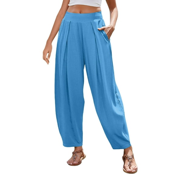 Fmbrln Womens Trendy Boho Pants Elastic Waist Solid Color Work Pants Vacation Beach Pants Lounge Wide Leg Pants with Pockets Light Blue XL