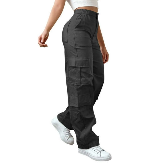Fmbrln Womens Trendy Cargo Pants Button Elastic Waist Multipockets Work Pants Straight Leg Pants Lounge Outdoor Hiking Trousers Dark Gray L