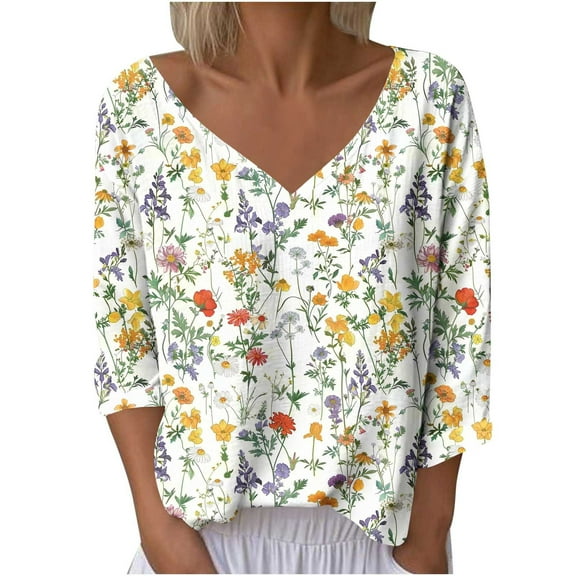Fmbrln Womens Trendy Floral Print Shirts Fashion Casual V Neck Long Sleeve Blouse Loose Comfy Pullover Tops Fall Trendy Clothing Multicolor L