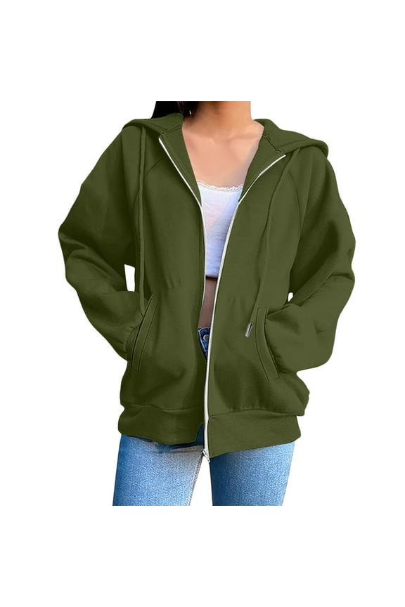 Womens Trendy Full Zip Up Hoodie Fall Winter Fashion Long Sleeve Solid Hooded Sweatshirts Loose Comfy Sweatshirts Coat with Pockets Green 3XL